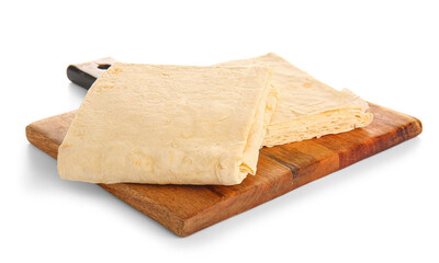 Wooden board with fresh thin lavash on white background