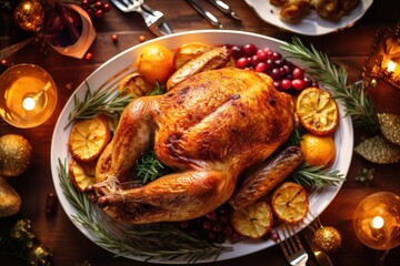 roasted turkey served on festive table. generative ai, made by ai