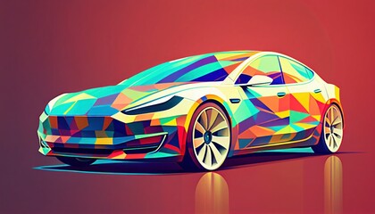 Electric car in the style of bright geometric abstractions by Generative AI - obrazy, fototapety, plakaty