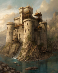 A castle fortress on top of a mountain surrounded by water Generative Ai