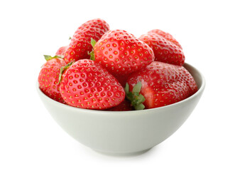 Bowl with fresh strawberries on white background