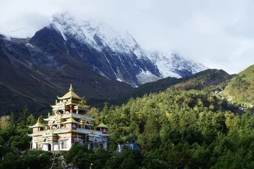 Photo sur Plexiglas Manaslu Discover tranquility at a Tibetan Buddhist monastery with a golden roof, nestled amidst the majestic Manaslu ranges, cloud-kissed snow mountains, and vibrant green forests.