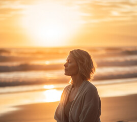 Fototapeta premium A woman standing on a beach at sunset Generative Ai
