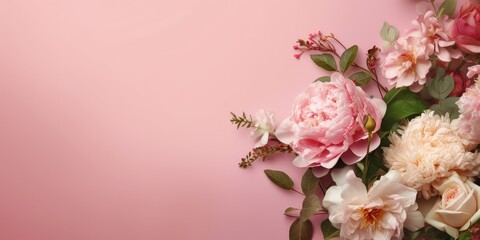 Fototapeta na wymiar Peonies, roses on pink background with copy space.
