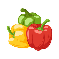 Sweet green, red and yellow bell peppers isolated on white background. Bell peppers in Cartoon style. Vector illustration