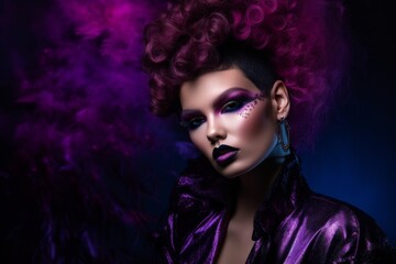 A model wearing makeup with a purple amethyst-colored palette, against a textured background, with a sense of bold and playful beauty. Concept of experimentation and creativity. Generative AI