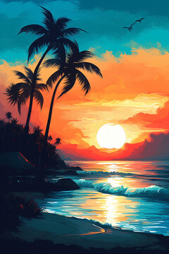 A tropical sunset with palm trees flat design vector illustration Generative Ai
