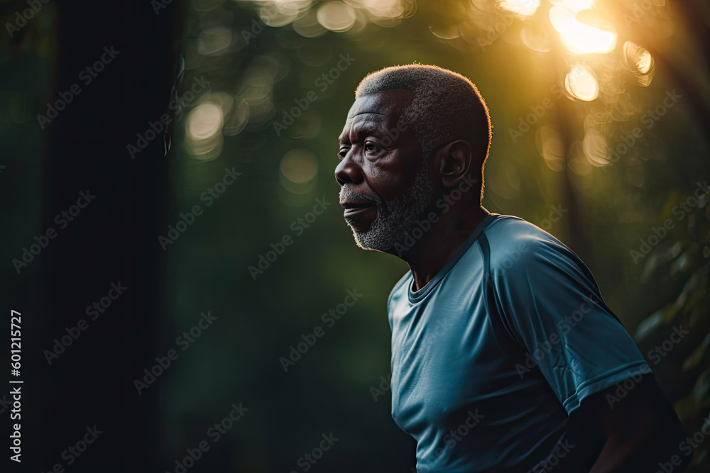 Wall mural portrait of an older african american man running at dusk in the park, generative ai