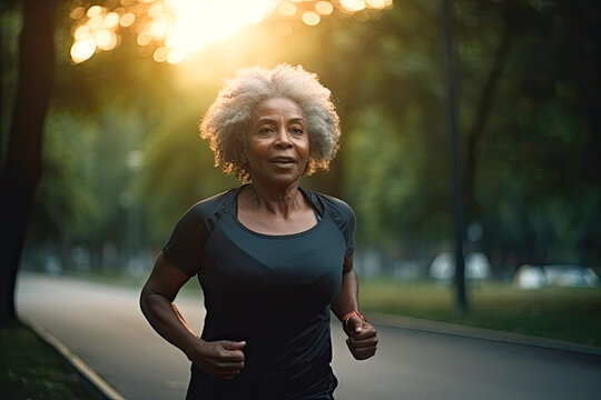 Middle aged african american woman running at dusk in the park, Generative AI
