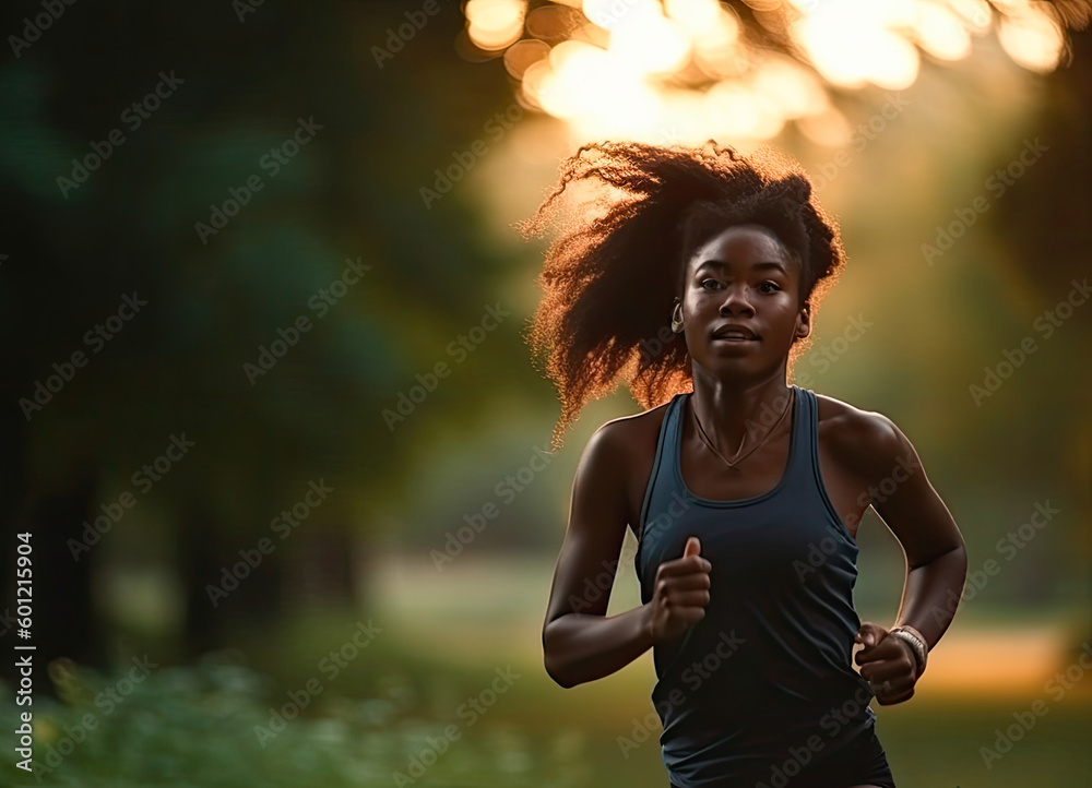 Wall mural Young african american woman running in park at dusk, Generative AI