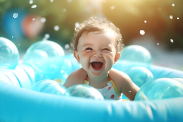 Happy baby playing in swimming pool during summer vacation. Generative Ai