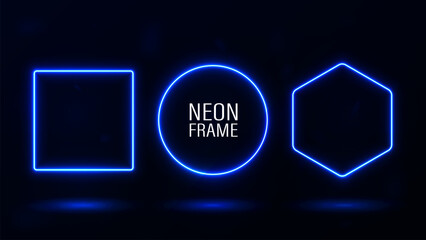 A set of blue neon frames: round, square and diamond on a dark background.