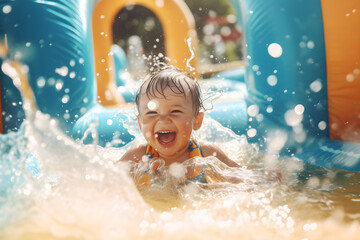 Happy baby playing in swimming pool during summer vacation. Generative Ai - obrazy, fototapety, plakaty