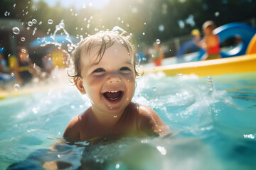 Fototapeta na wymiar Happy baby playing in swimming pool during summer vacation. Generative Ai