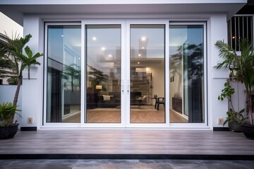 Aesthetic  home entrance with large glass sliding doors with lots of copy space, generative AI