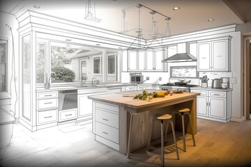 Beautiful kitchen project in different stages from conception to construction, generative ai