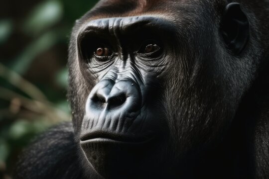A portrait of a big male gorilla in the jungle created with generative AI technology.
