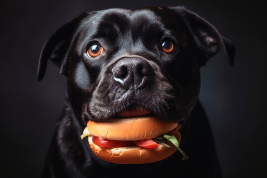 Close up view of a dog with a burger in its muzzle created with generative AI technology.