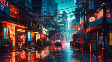 A picture of futuristic city streets with neon lights