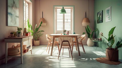 Fototapeta na wymiar Dining room with vintage concept, nordic type furniture. Generative AI.