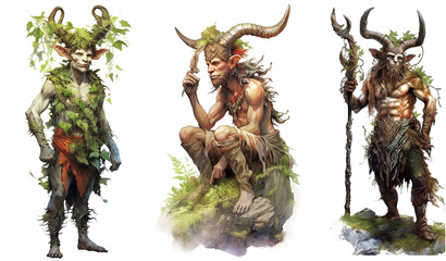Pagan God of the Forest / Pan / Robin Goodfellow / Greek god Faun. Watercolour illustrations set no 3. - obrazy, fototapety, plakaty