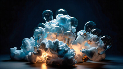 Many light bulbs explode from a cloud and onto their own