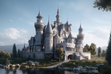 3d image of fairy-tale castle with a pond and swans, a bridge and dense vegetation,