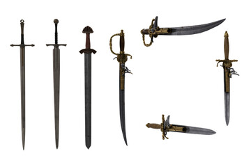 Set of fantasy sword and pirate weapons. 3D rendering isolated.