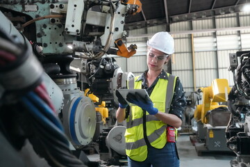 Mechanical engineers with robotic welder. Robotic Arm engineer check on equipment in its with software of an Artificial Intelligence at automated AI robotic production factory..Robotic Arm engineer 