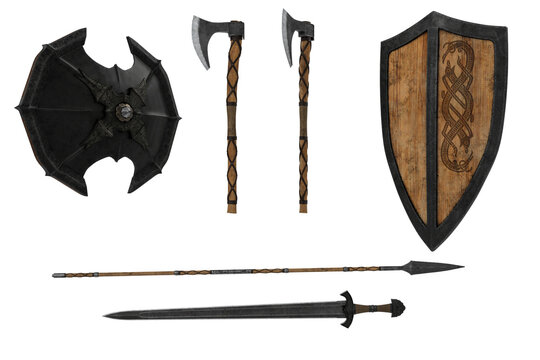 Set Of Medieval Fantasy Weapons With Sword, Axe, Spear And Shields, Isolated 3D Illustration.