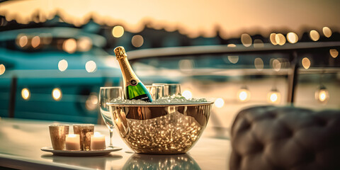 Luxury evening party on cruise yacht with champagne setting. Champagne  glasses and bottle with champagne with bokeh yacht on background, nobody.
 - obrazy, fototapety, plakaty