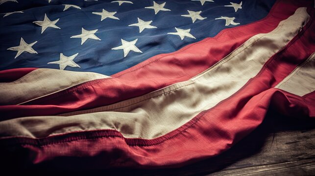 Memorial Day, Remember And Honor, Independence Day, American Flag on Old Wooden Table, Generative Art