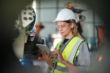 Mechanical engineers with robotic welder. Programming development technology work.. Female industrial engineer working at automated AI robotic production factory..