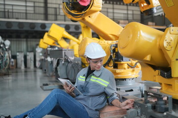 Mechanical engineers with robotic welder. Programming development technology work.. Female industrial engineer working at automated AI robotic production factory..