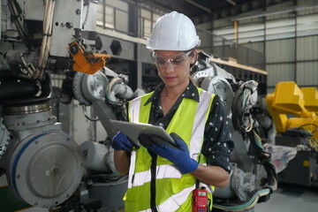 Mechanical engineers with robotic welder. Programming development technology work.. Female industrial engineer working at automated AI robotic production factory..