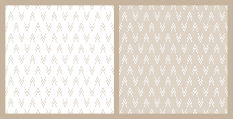 Set of Abstract Ethnic Seamless Patterns. Double triangles Wallpaper. Check mark. Boho Herringbone pattern. Tribal Geometric beige white color Background.