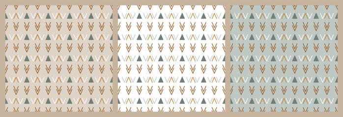 Set of Abstract Ethnic Seamless Patterns. Triangles and Double Check marks. Boho Herringbone pattern. Tribal Geometric Background. Earth color Wallpaper