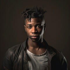Obraz premium Portrait of a young black man looking at camera in studio, serene. Ai generated.