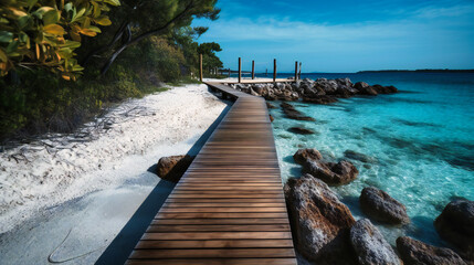 An artificial wooden walkway leading to a beach and island - obrazy, fototapety, plakaty