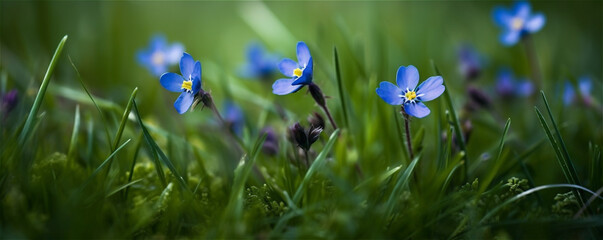 Flowers in a green grass on a sunny meadow. banner. AI generated content