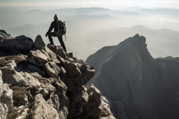 hiker on a top of a mountain. AI generated content