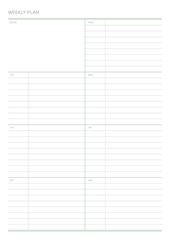 A weekly plan design template in a modern, simple, and minimalist style. Note, scheduler, diary, calendar, planner document template illustration.