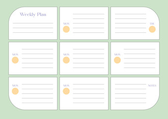A weekly plan design template in a modern, simple, and minimalist style. Note, scheduler, diary, calendar, planner document template illustration.