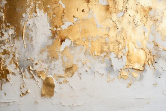 White and golden messy wall stucco texture background. Decorative wall paint. AI generated content
