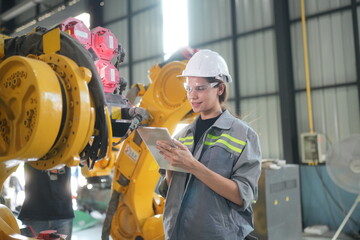 Female industrial engineer working at automated AI robotic production factory.