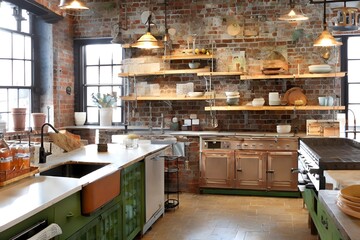 Rustic kitchen with exposed brick wall, reclaimed wood cabinetry, large farmhouse sink, industrial lighting fixtures, antique baking tools on open shelving, cast iron cookware, Generated with AI