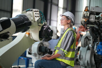 Robotic Arm engineer check on equipment in its with software of an Artificial Intelligence, Programming development technology work.