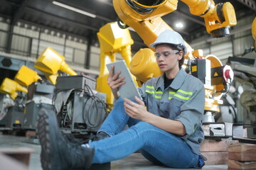 Female industrial engineer working at automated AI robotic production factory.