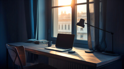 A desk with a laptop and a lamp next to a large window