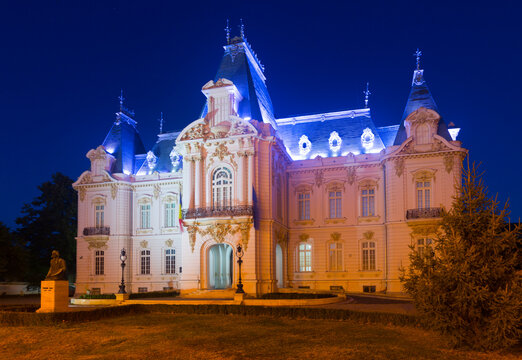 Night view of Craiova Art Museum housed in sumptuous Constantin Mihail Palace